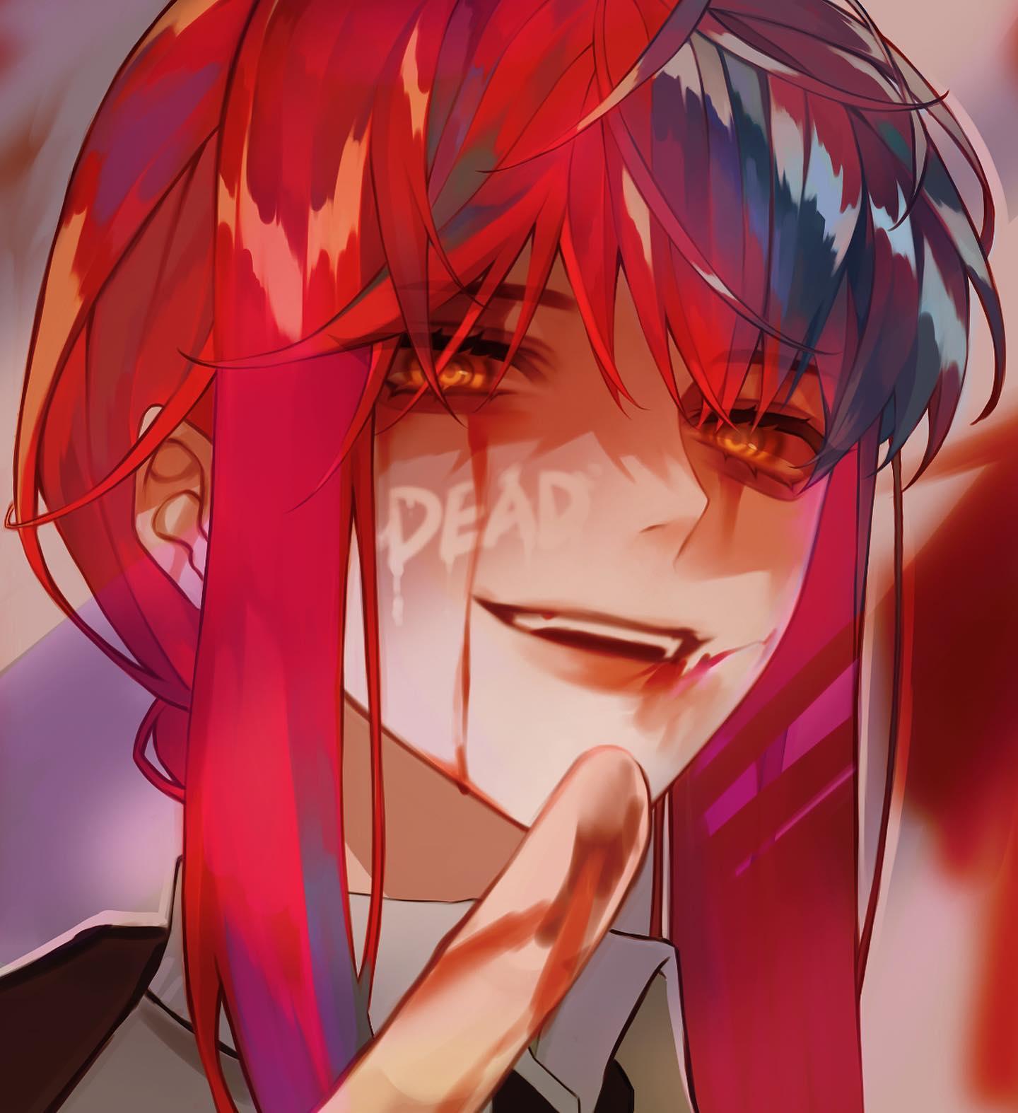 the image is a closeup digital painting or illustration of an animestyle girl. she has vibrant, long, mostly red hair with streaks of dark blue or black. her expression is intense, almost sinister, with a bloody smile and the word "dead" smeared in blood across her cheek.  there is blood around her mouth, suggesting a violent event. she is pointing a bloody finger toward the viewer. the overall style is dark and stylized with bold, vivid colors. the art style is reminiscent of some manga and anime but with a more painterly approach.