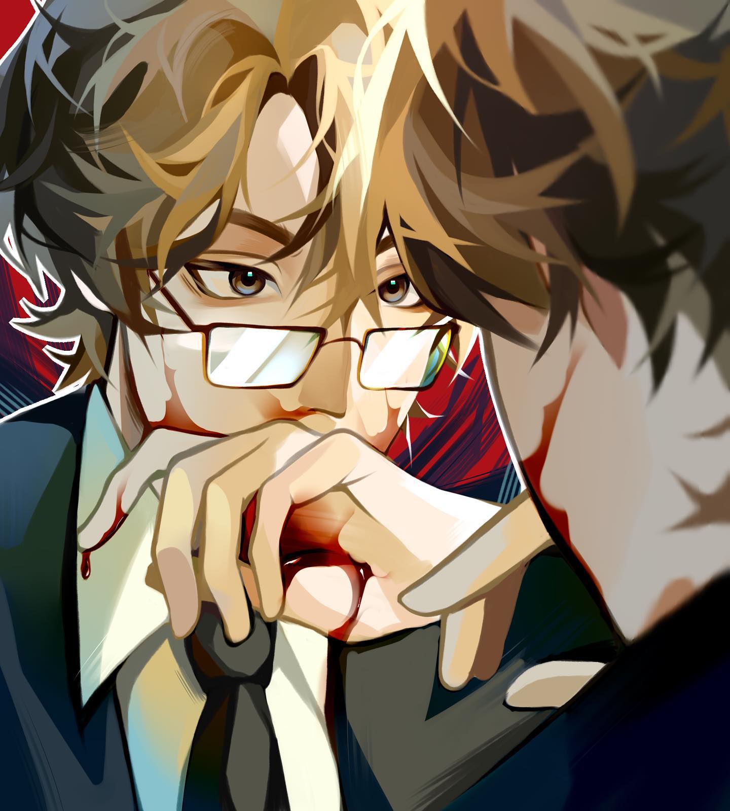 the image is a stylized digital painting or illustration in an anime/manga style.  it features a closeup of two men, possibly in a business setting, with one man wearing glasses and a suit.  the scene is dramatic and intense, with blood visible on the man's hands suggesting a recent injury or conflict. the figures are positioned closely together with their faces partially obscured, creating a sense of mystery and tension. the overall color palette is dark and moody, emphasizing the dramatic nature of the scene.  the artistic style is sharp, detailed, and emphasizes both the characters' expressions and the textures of their clothing and hair. the image strongly suggests a narrative or story involving conflict or intrigue.