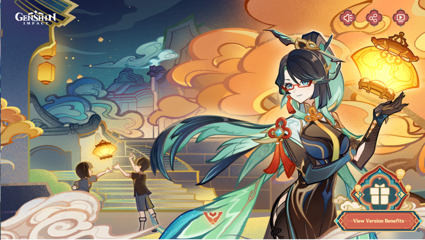 the illustration features a female character from genshin impact with long black hair wearing a black and teal dress, standing in the foreground of a festive cityscape scene. the scene is lit by warm yellow lanterns and features two children in the background playing with lanterns.  the color palette is dominated by warm yellows, oranges, and teals, creating a festive and inviting atmosphere. the overall composition is balanced, with the character in the foreground drawing the viewer's eye to the center of the image.