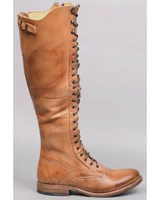 a pair of women's brown leather kneehigh boots with laces up the side and a side zipper is shown. the boots appear to be made of distressed leather, giving them a vintage look.  they have a sturdy sole and a slightly pointed toe. the boots are displayed against a light gray background.