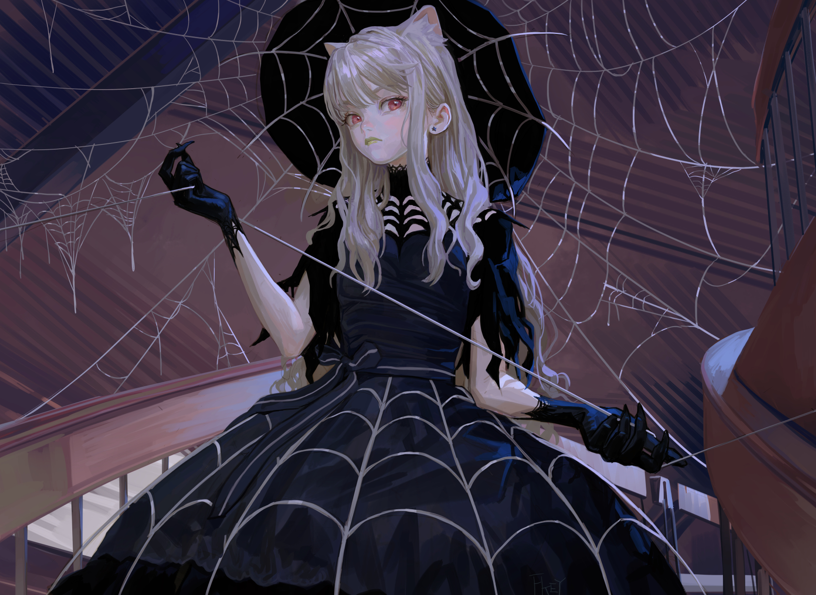 a digital painting of a young woman with pale skin, cat ears, and red eyes, dressed in a dark gown with spiderweb patterns, black gloves, and a black umbrella, standing on a staircase surrounded by spiderwebs.