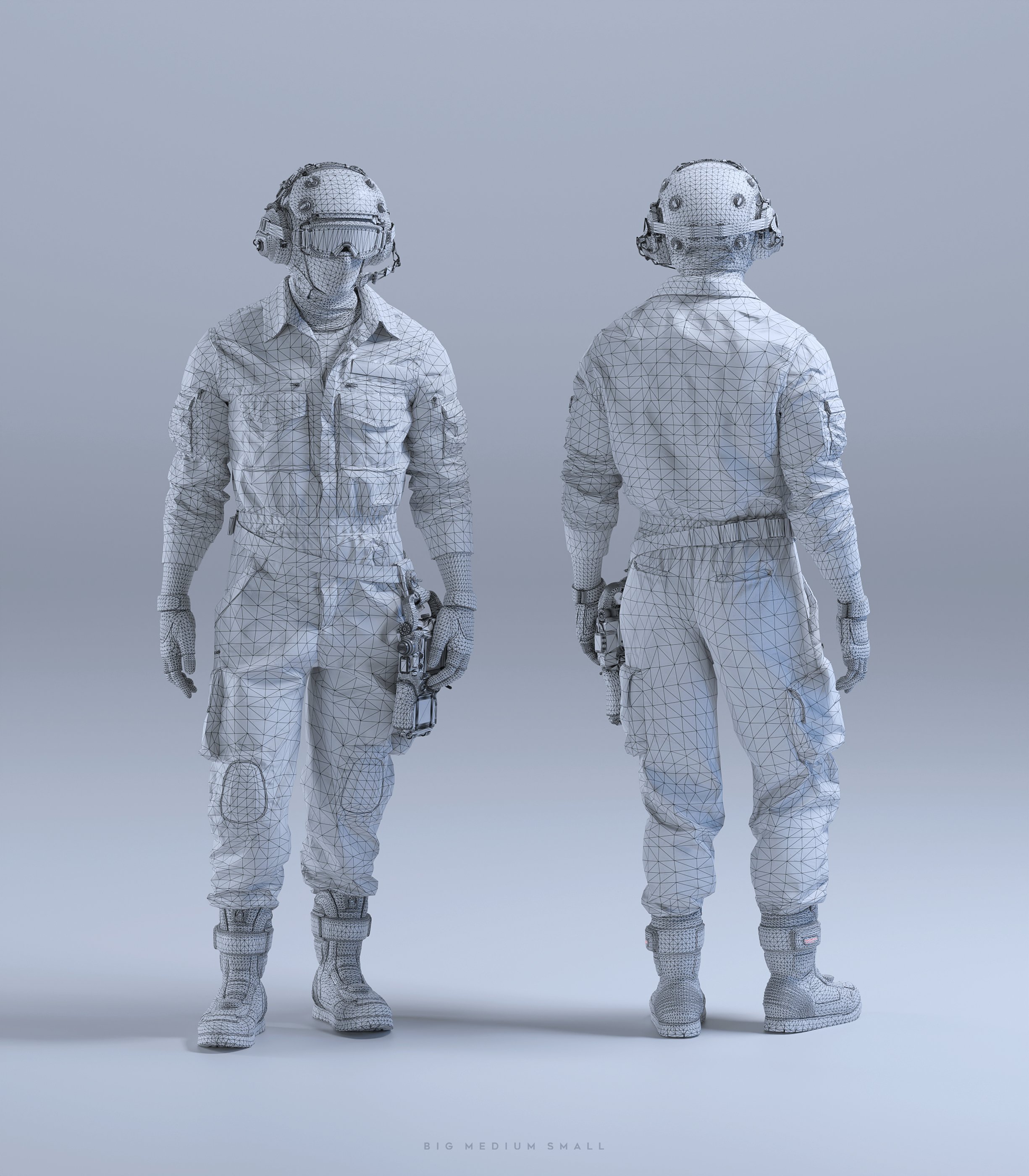 the image displays a 3d wireframe model of a soldier, shown from both front and back perspectives. the model is highly detailed, showcasing the intricate mesh structure of the character's uniform, helmet, and tactical gear.  the soldier appears to be wearing a full combat uniform, including a helmet, boots, and possibly pouches or other equipment.  the wireframe presentation reveals the underlying polygon structure used in creating this 3d model, typically used in game development or animation. the background is a neutral light gray, allowing the model to be the focal point.  the image suggests the model is ready for use in a larger project.