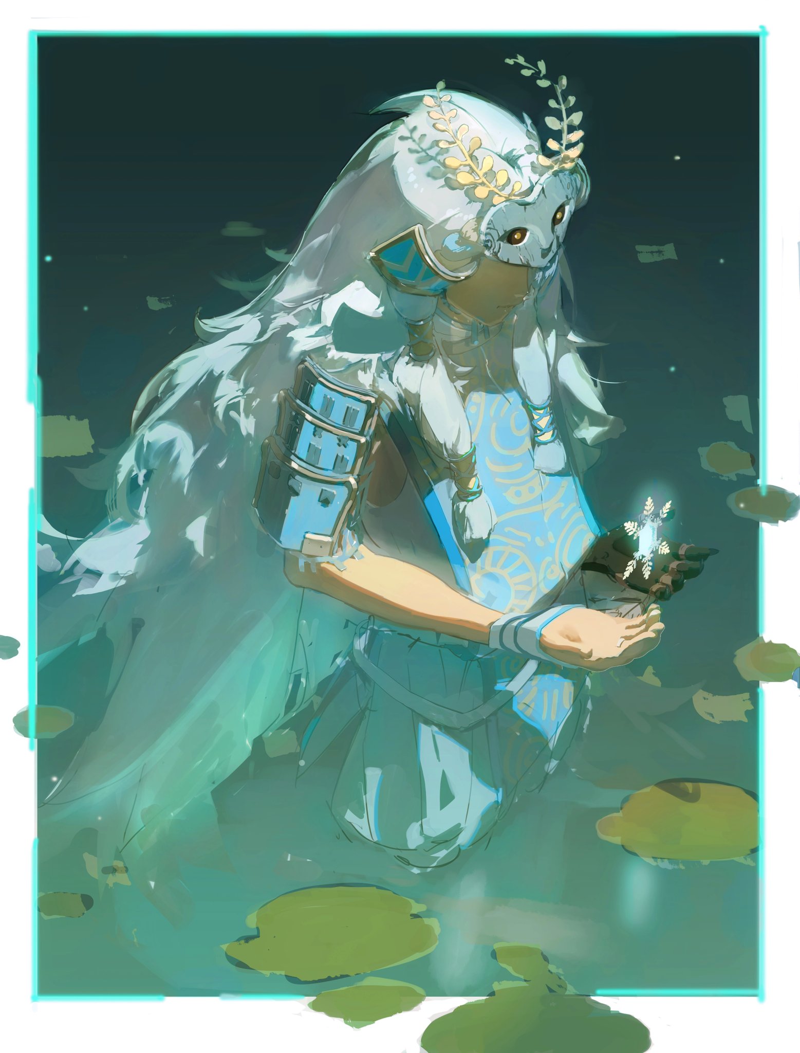 this animestyle illustration shows a young woman with white hair and a white mask, floating in the water. she is holding a glowing flower in her hand, surrounded by lily pads and a magical atmosphere.