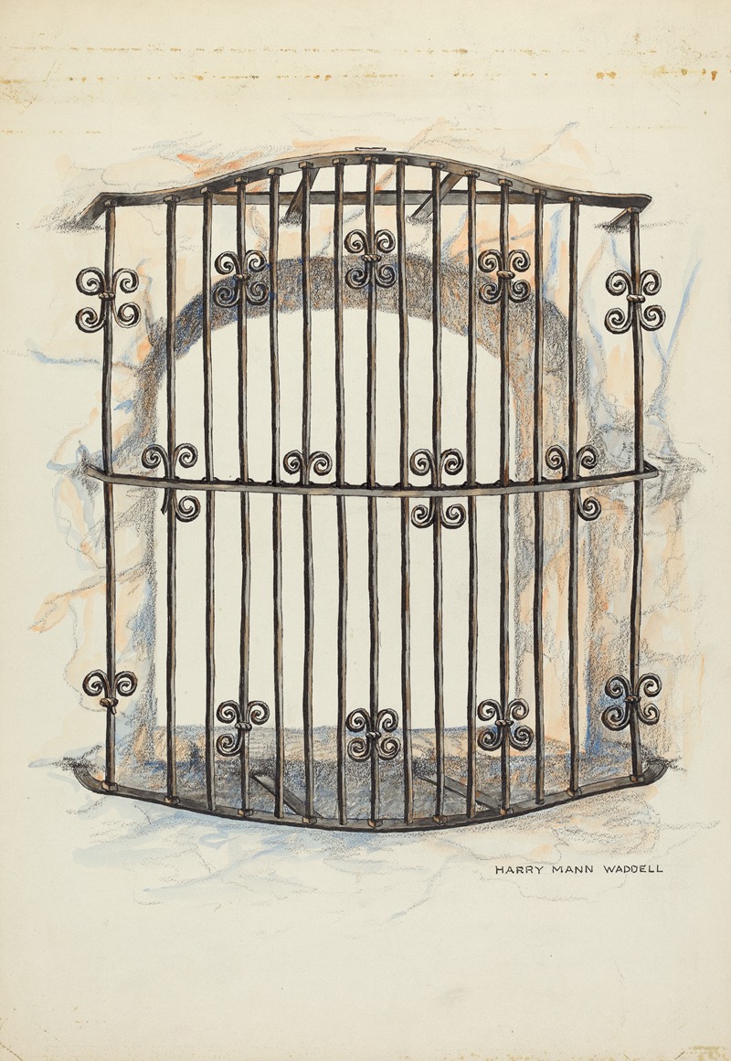 a drawing of an iron gate in front of a stone arch. the gate is made of vertical bars with decorative swirls in the center and at the corners. it is attached to a wall. the drawing is signed "harry mann waddell" at the bottom.