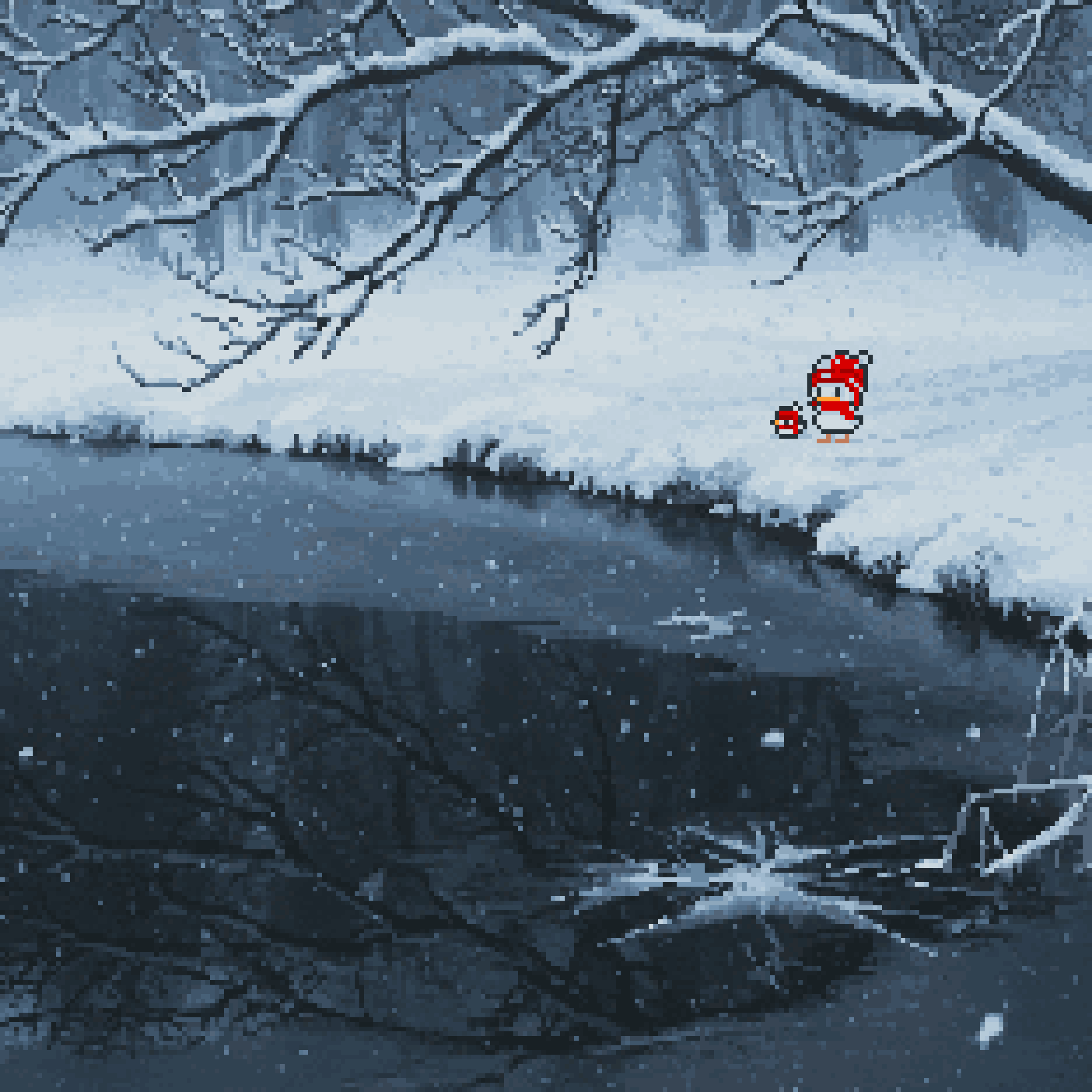 a pixel art image of a winter scene. a river flows through a snowy landscape. bare trees with snow on their branches hang over the river. in the background, there are more snowcovered trees. on the snowy bank of the river, there is a small, pixelated penguin wearing a red and white hat, standing next to a smaller mushroomshaped creature. the river reflects the trees and sky above. it is snowing lightly.