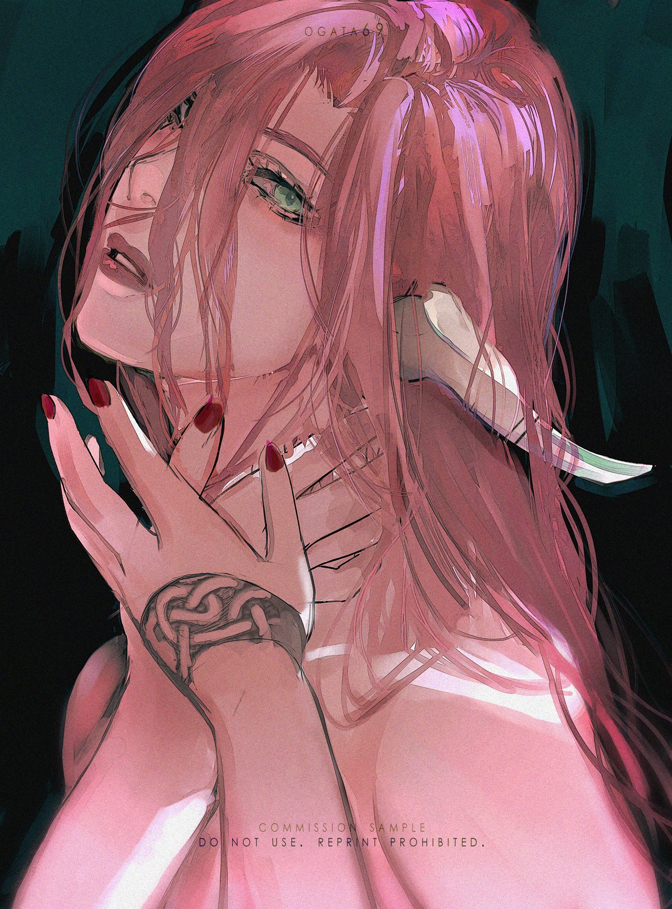 the image depicts a beautiful anime girl with long pink hair that frames her delicate features. she has captivating green eyes and wears a dainty bracelet adorned with a intricate knot design. her skin is soft and pale, and her expression is both serene and alluring. a small horn protrudes from her forehead, adding a touch of fantasy and mystery to her overall appearance. the composition and use of soft colors create a dreamy and enchanting atmosphere.