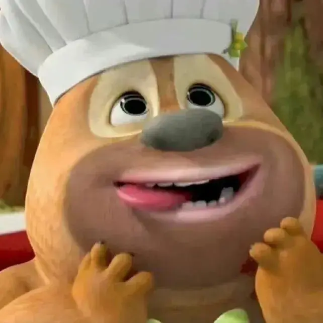 a closeup shot of a 3d animated cartoon bear wearing a chef's hat. the bear has wide, excited eyes, a big smile with its tongue sticking out, and is holding its hands to its cheeks. the color palette is warm and inviting, with shades of brown, beige, and cream.