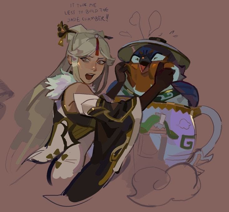 the image is a piece of fanart depicting ganyu and xiao from the video game genshin impact.  ganyu, with her signature long white hair and elegant outfit, is playfully squeezing xiao's cheeks. xiao is depicted inside a tea pot, which is a humorous reference to the game's teapot system.  ganyu has a speech bubble above her head reading, "it took me less to build the jade chamber!!"  the style is digital painting with a blend of anime and manga influences. the overall tone is lighthearted and cute. the background is a muted mauve color.