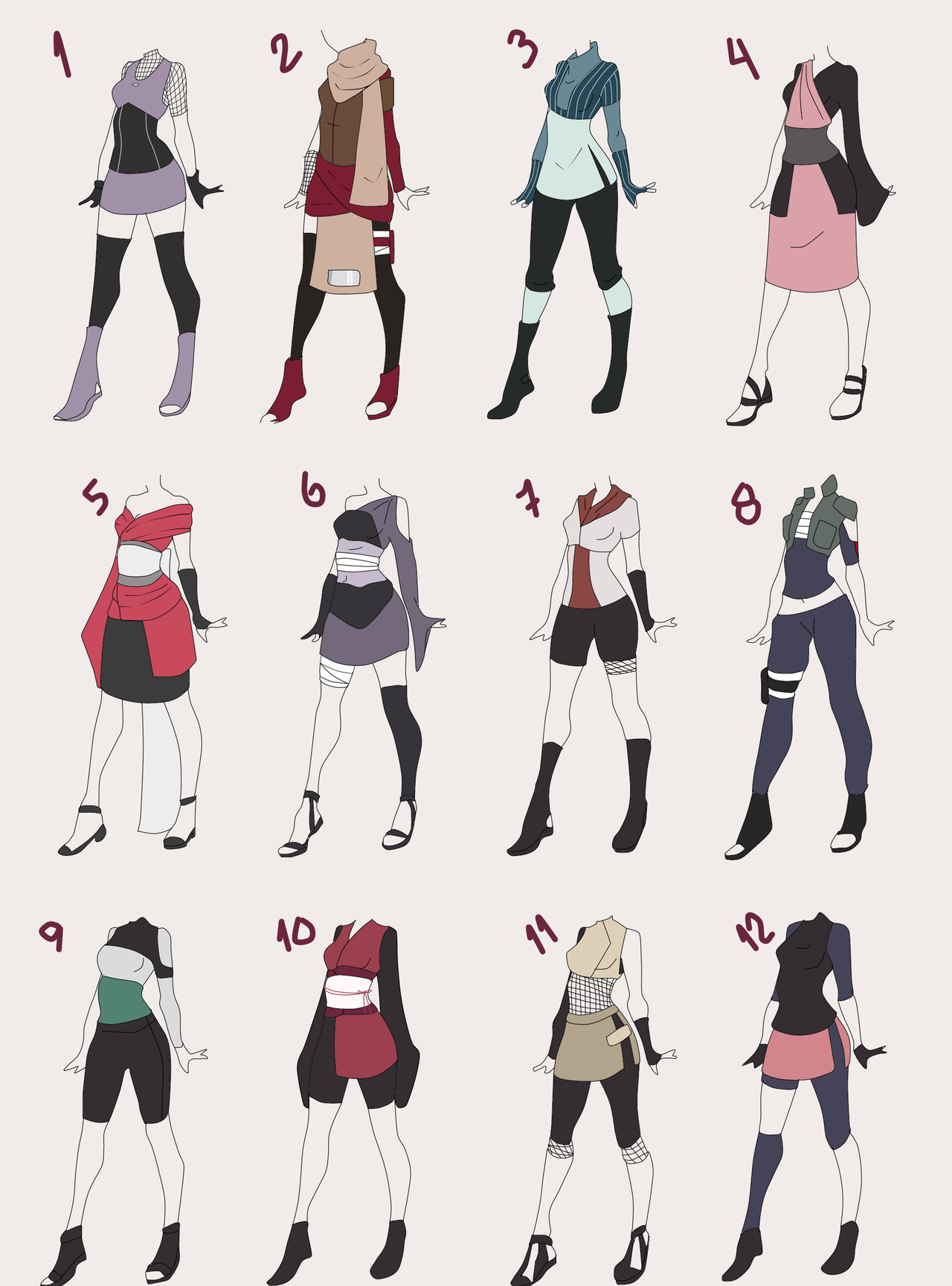 the image is a sketch of 12 female anime character outfit ideas. they are all variations on an athletic outfit, suitable for a ninja or other action character. many feature wraps, bandages, or other details that would be useful in combat.