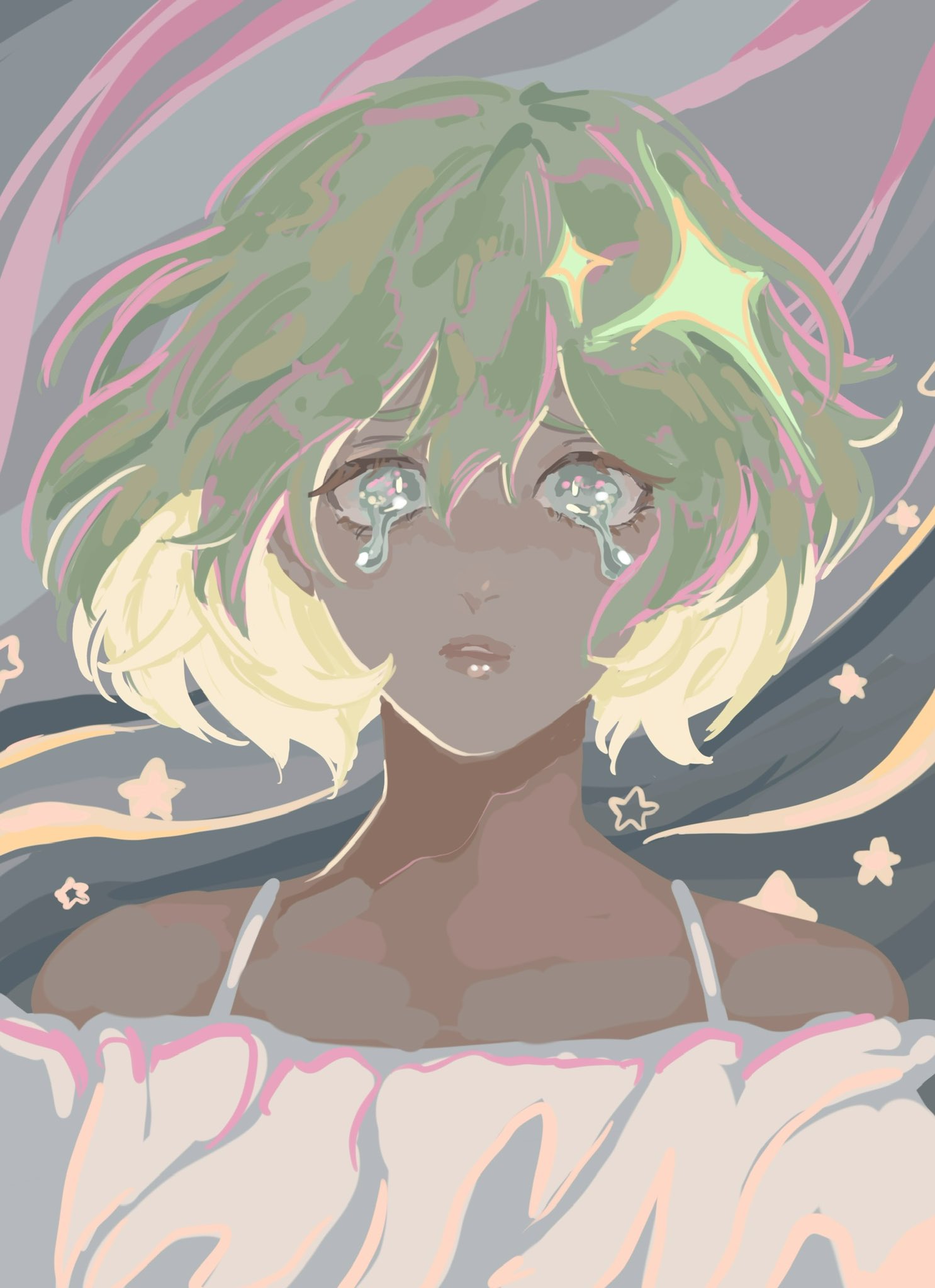 this is a digital art piece that features an anime girl character with green and blond hair crying while looking up at a galaxylike sky with a multitude of stars.