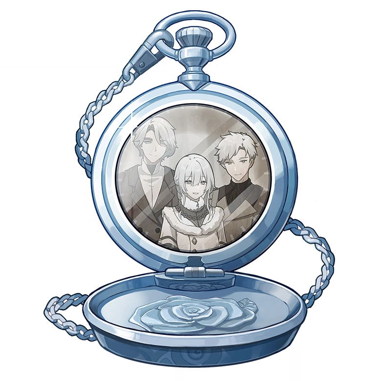 the image depicts a silver pocket watch with a chain attached. the watch is open, revealing a photo inside. the photo features three individuals: two men and one woman. the men are standing on either side of the woman, with their arms wrapped around her shoulders.  the woman is wearing a white coat and a delicate necklace. the men are wearing suits. the photo is in a faded, sepia tone, suggesting that it is an old photograph. the pocket watch has a blue, white rose inside its casing. the overall image evokes a sense of nostalgia and sentimentality, suggesting that the watch is a cherished keepsake that holds dear memories.
