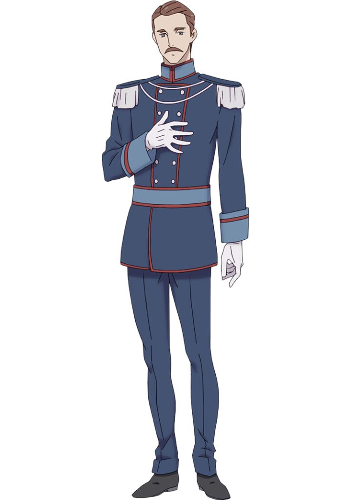 this anime illustration depicts a man in a blue military uniform with red and white accents. he is standing with his hands clasped in front of him, wearing white gloves. he has a serious expression and a brown mustache. he is wearing black shoes.