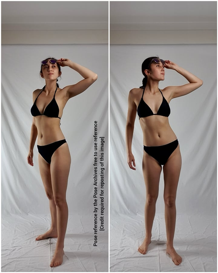 a woman in a black bikini is standing in front of a white background. she is wearing sunglasses and is looking up. the image is split in two, with the same pose slightly adjusted in each.