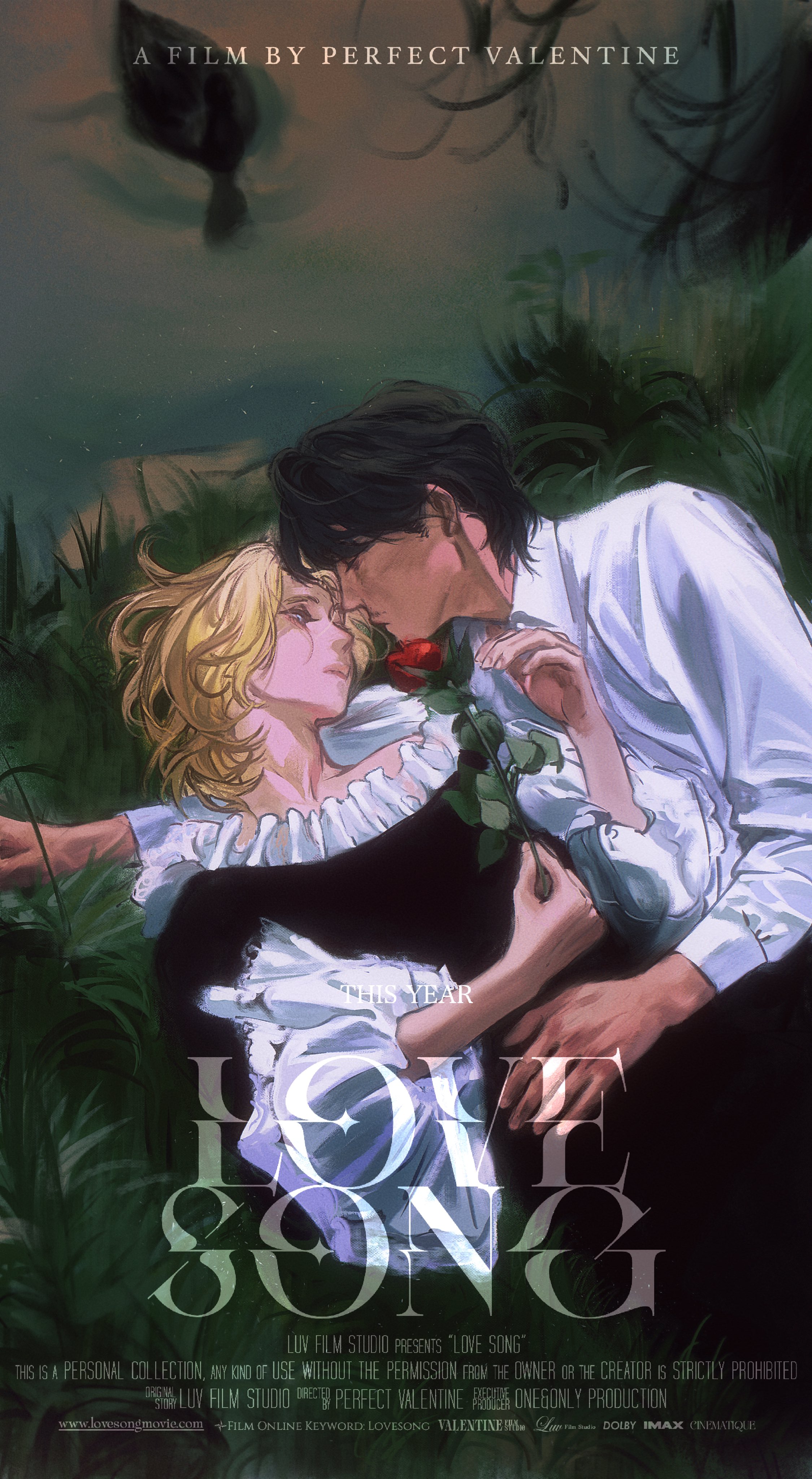 this is a film poster for "love song", an anime movie. the poster features a couple embracing and kissing with a rose in between them. it is styled to look like a vintage poster with a green, blue, and purple color scheme.
