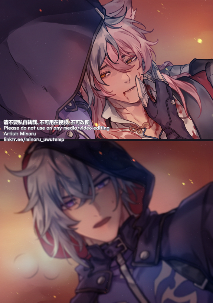 this is a digital illustration of an anime character. the character is a young male with long, white and pink hair. he is wearing a black hooded cloak. he appears to be injured, as there is blood on his face and body. his expression is determined and serious. he is holding a sword in his hand. the background is a blurry red and orange. this illustration is a beautiful example of art with its intricate details and vibrant color palette. the artist, minoru, has created a unique character that is both intriguing and captivating.