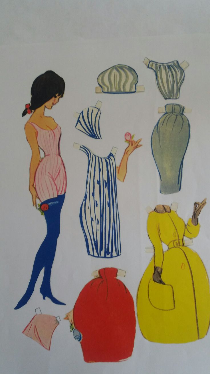 this image shows a vintage paper doll with various outfits that can be cut out and attached to the doll. the doll is depicted in a pink undergarment and blue stockings, holding a rose. the outfits include striped dresses, hats, and a yellow coat. the overall style of the illustration is retro and reminiscent of mid20thcentury fashion illustrations.