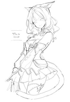 a black and white sketch of a female catgirl character in a playful pose.  she has medium length hair, cat ears, and a tail.  she is wearing an outfit with a short skirt and thigh highs. the image is a work in progress and lacks shading or detail.