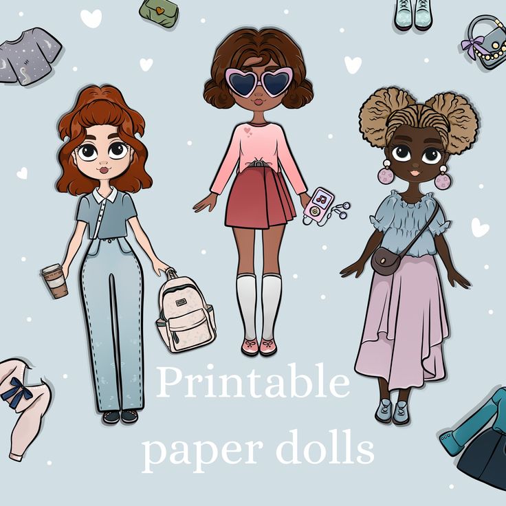 the image shows three cartoonstyle paper dolls with various outfits and accessories on a light blue background with small white hearts. there are also clothing items and accessories scattered around the dolls, indicating they are meant to be customizable. the text "printable paper dolls" is written at the bottom.