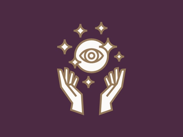 the image shows a stylized illustration of two hands reaching upwards towards a circular object with an eye in the center. the circle is surrounded by four stars. the design appears to be a symbol or logo, possibly representing fortune telling, psychic abilities, or magic. the color palette is a deep purplish brown and a lighter tan/beige.
