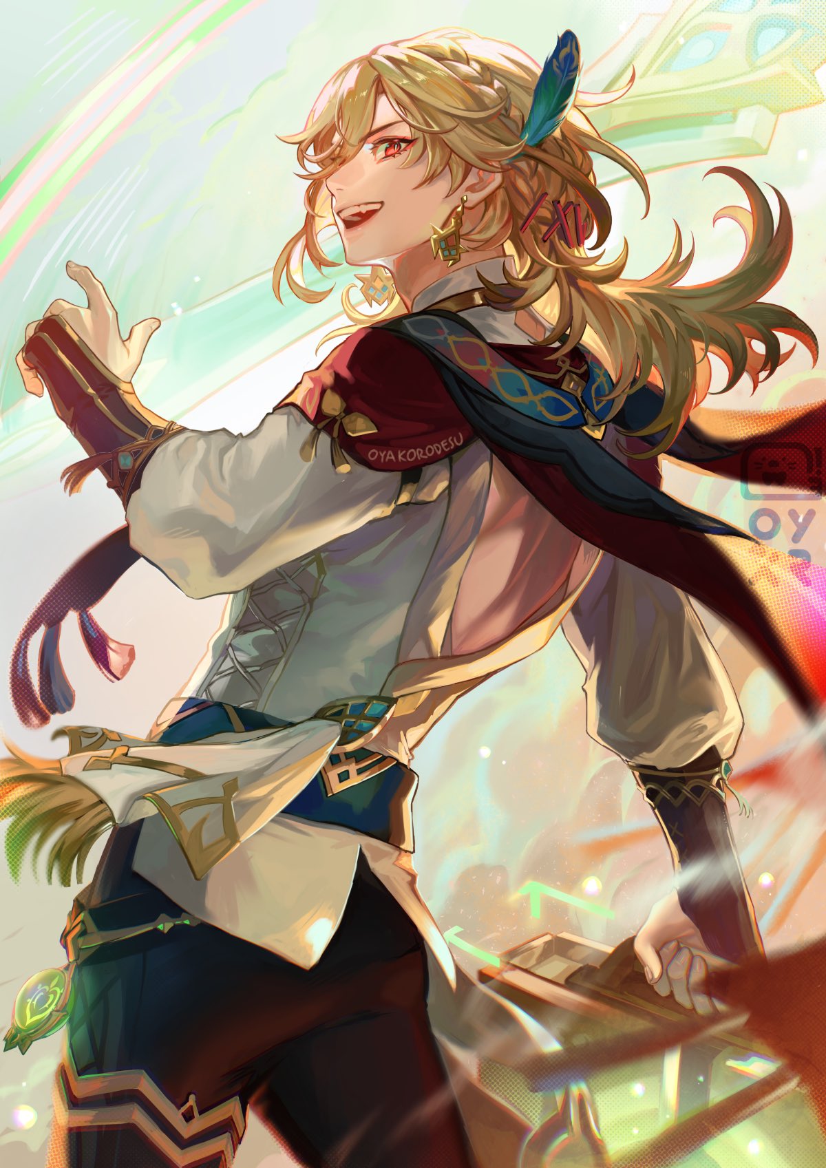the image features a male anime character with long blonde hair, green eyes, red lips, and a white shirt with a brown belt. he is wearing a black glove on his right hand and a red scarf around his neck. he has a green feather in his hair. the character is holding a sword in his left hand and a book in his right hand. he is looking directly at the viewer and smiling. the image is set against a backdrop of light and shadow. the character's expression is confident and he appears to be ready for battle.