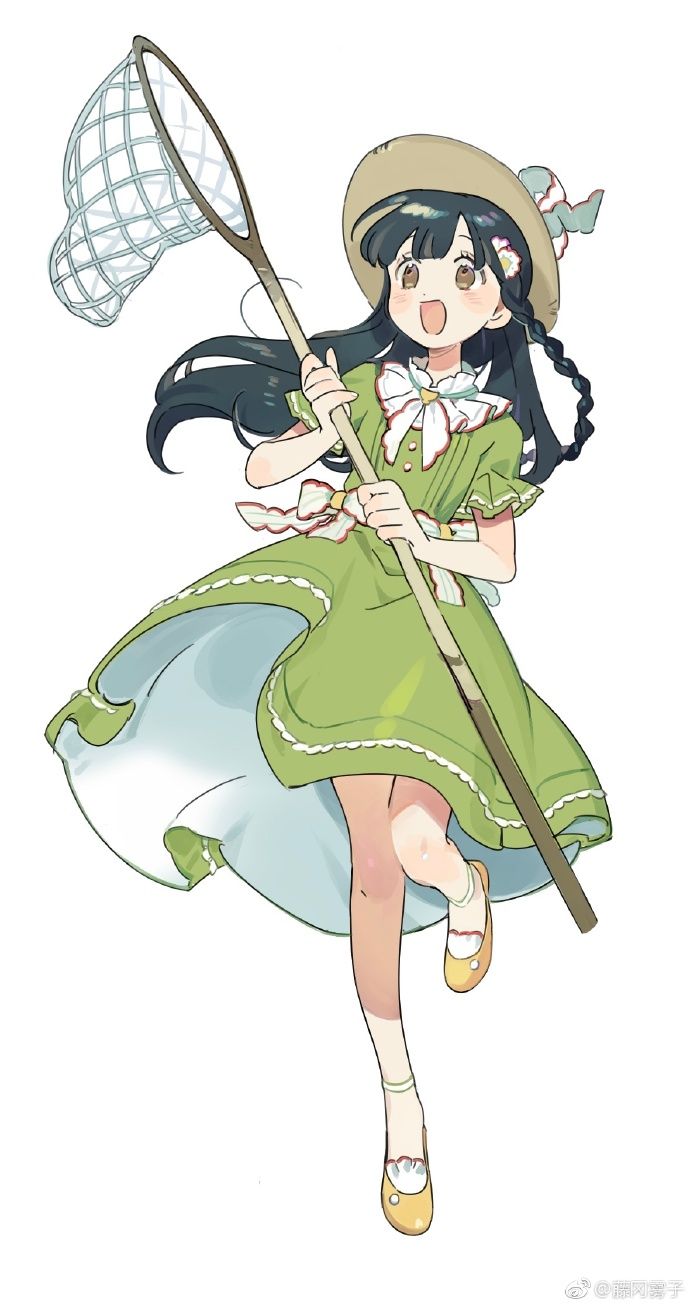 an anime girl with long black hair is smiling happily. she's wearing a green dress, a straw hat, and white socks with yellow shoes. she's holding a butterfly net in her right hand,  and she's looking to the right.
