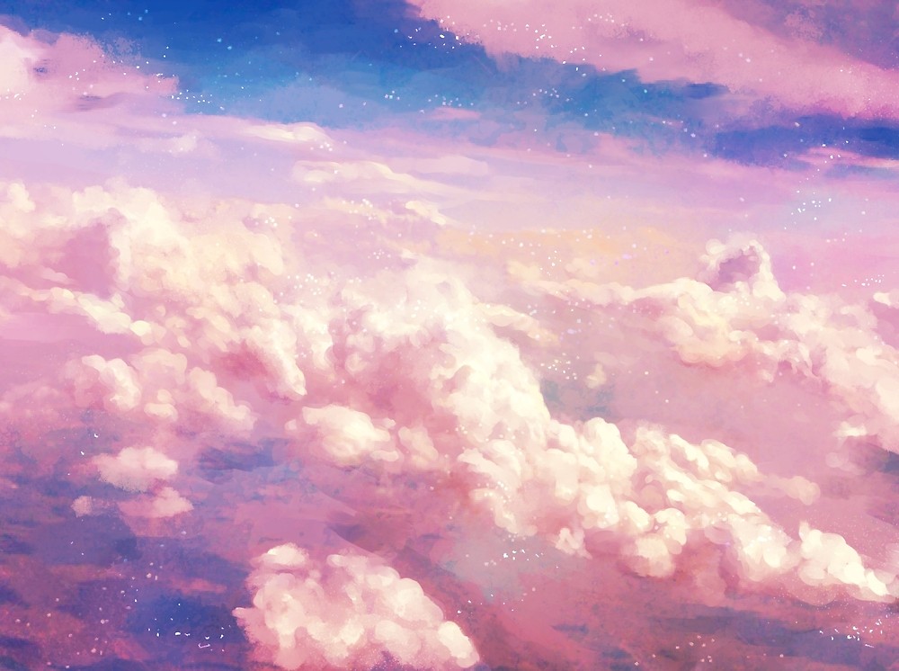 the image is a dreamy, pasteltoned illustration of a cloudscape.  fluffy pink and white clouds are scattered across the sky, which transitions from a soft purpleblue at the top to a warmer pink towards the bottom. the overall effect is ethereal and whimsical.