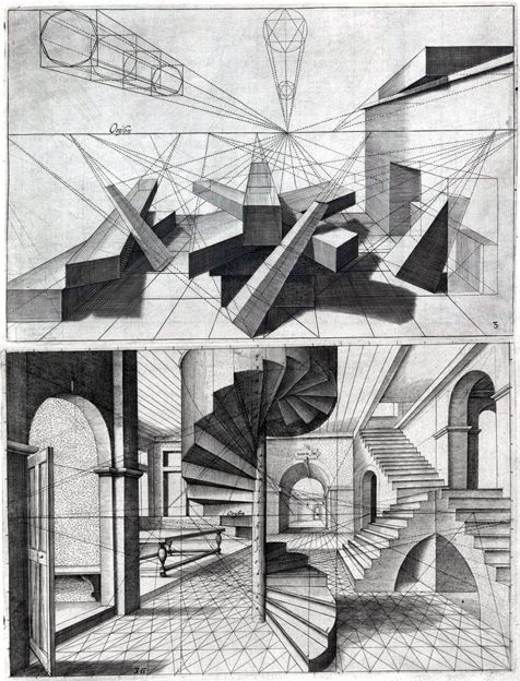 the image consists of two black and white architectural drawings demonstrating perspective. the top illustration depicts various geometric shapes arranged in a composition that exemplifies one and twopoint perspectives. diagonal lines converge on vanishing points, illustrating the principles of depth and spatial relationships. the bottom illustration showcases an interior scene with a spiral staircase as its central focus. employing a similar perspective grid, the drawing accurately portrays the architectural elements of a grand hall. arches, columns, and a long table contribute to the sense of depth and realism.