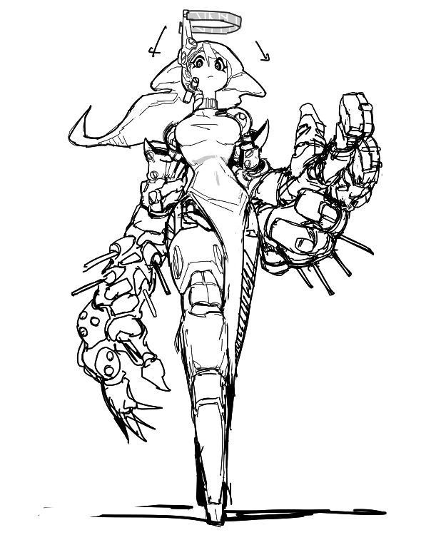 the image is a black and white sketch of an animestyle girl integrated with a mechalike robot suit. the girl is wearing a white dress and has a halolike device on her head. the robot suit is intricate and detailed, with numerous mechanical parts and weapons visible. the style of the drawing is rough and dynamic, suggesting a concept sketch or design work in progress. the girl's pose is confident and striking.  the overall mood is futuristic and somewhat aggressive.