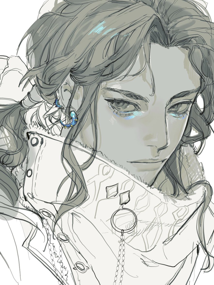 this is an unfinished digital drawing of a young man. he is depicted from the shoulders up, his head turned to the side as if looking over his shoulder. he has long, wavy hair partially pulled back. he wears elaborate earrings and a complex garment with chains and charms. the drawing is rendered in shades of grey with blue highlights on his eyes and earrings.