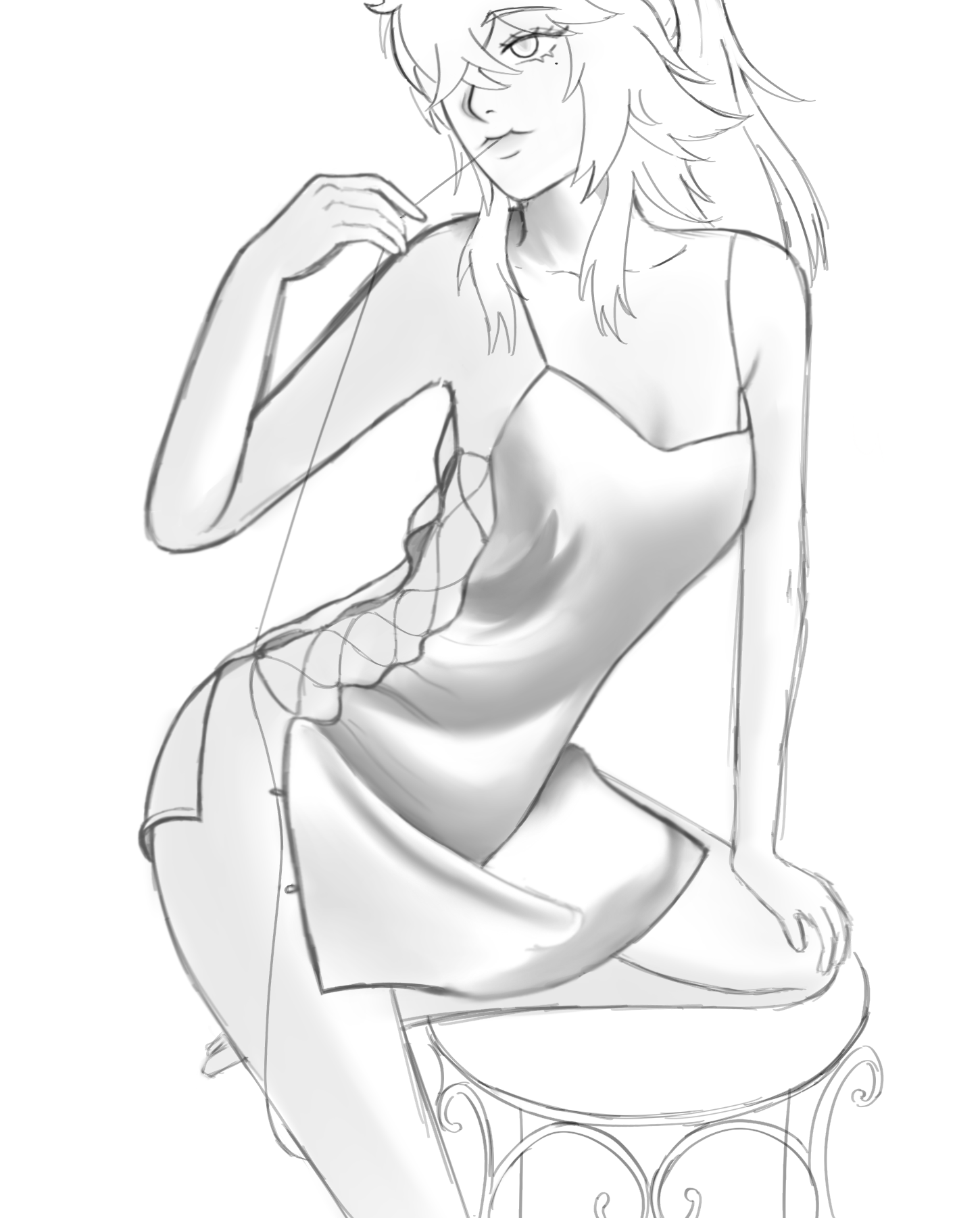 a grayscale digital sketch of an animestyle female character. she has long flowing hair and is wearing a stylish slip dress.  she is sitting on a small ornate table, her pose is elegant and graceful. the style is soft and suggestive rather than highly detailed.  the overall impression is one of beauty and femininity.