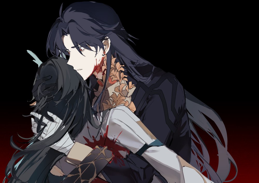 the image shows a dark and emotional scene of two anime characters, a male and a female, embracing each other. the male character has long black hair and is covered in blood. he is holding the female character in his arms, who is also covered in blood. they are both looking at each other with intense emotions. the background is dark and shadowy, adding to the drama of the scene. the image is a powerful illustration of love and tragedy, with hints of gore and violence. it suggests a story of loss, sacrifice, and the bonds of love that can endure even the most difficult situations.