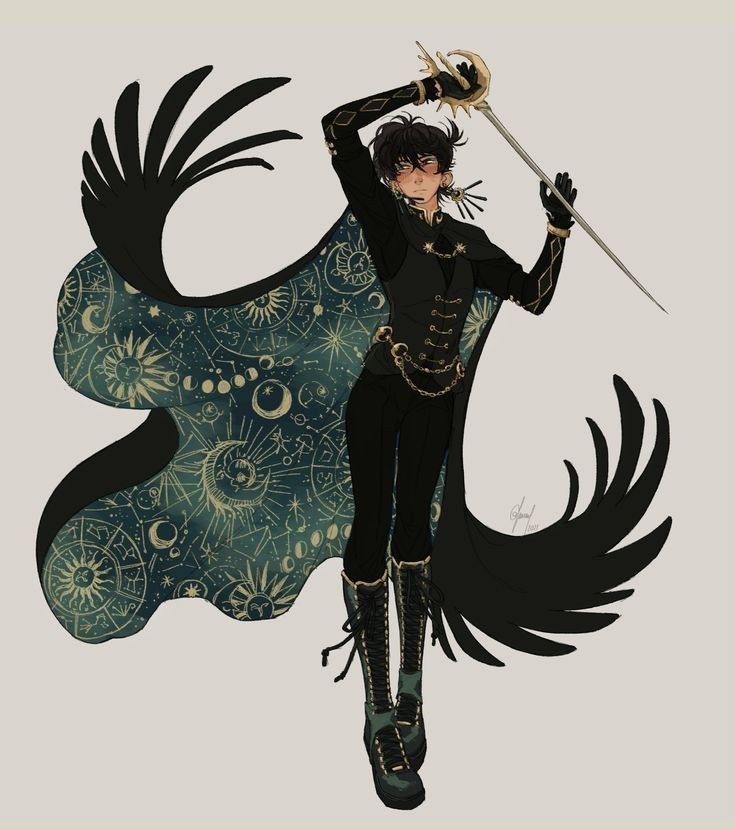 a digital illustration of a slender male figure in a fantasyinspired outfit, holding a sword and wearing a dramatic cloak. he stands tall with one arm raised, wielding a slender sword with a golden hilt and guard. the figure is dressed in a black vest, fitted pants, and laceup boots, with gold accents on the clothing and jewelry. he has dark hair, fair skin, and wears small earrings. a cape or cloak with a dark interior and a teal exterior adorned with golden astrological symbols and celestial motifs such as stars, moons, and constellations cascades behind him. the overall aesthetic is elegant and mysterious, with a touch of gothic influence.