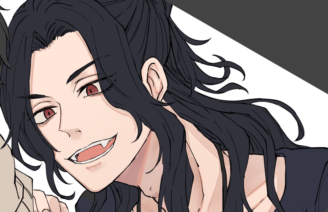 this is a closeup illustration of an anime character, a young man with black hair and red eyes. he's smiling with sharp fangs showing.