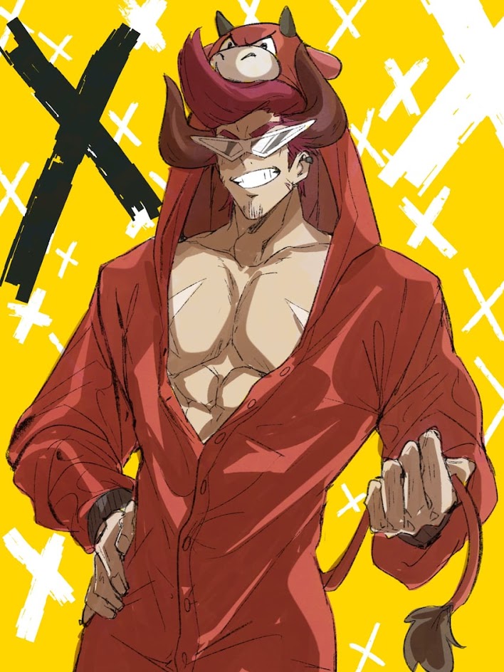this is an animestyle digital illustration of a man with a red hoodie and jumpsuit with a bull head on it. he is wearing sunglasses and has a confident smile. the background is yellow with white crosses. the man is posing with his hand on his hip and his other hand extended. he has horns and a tail.