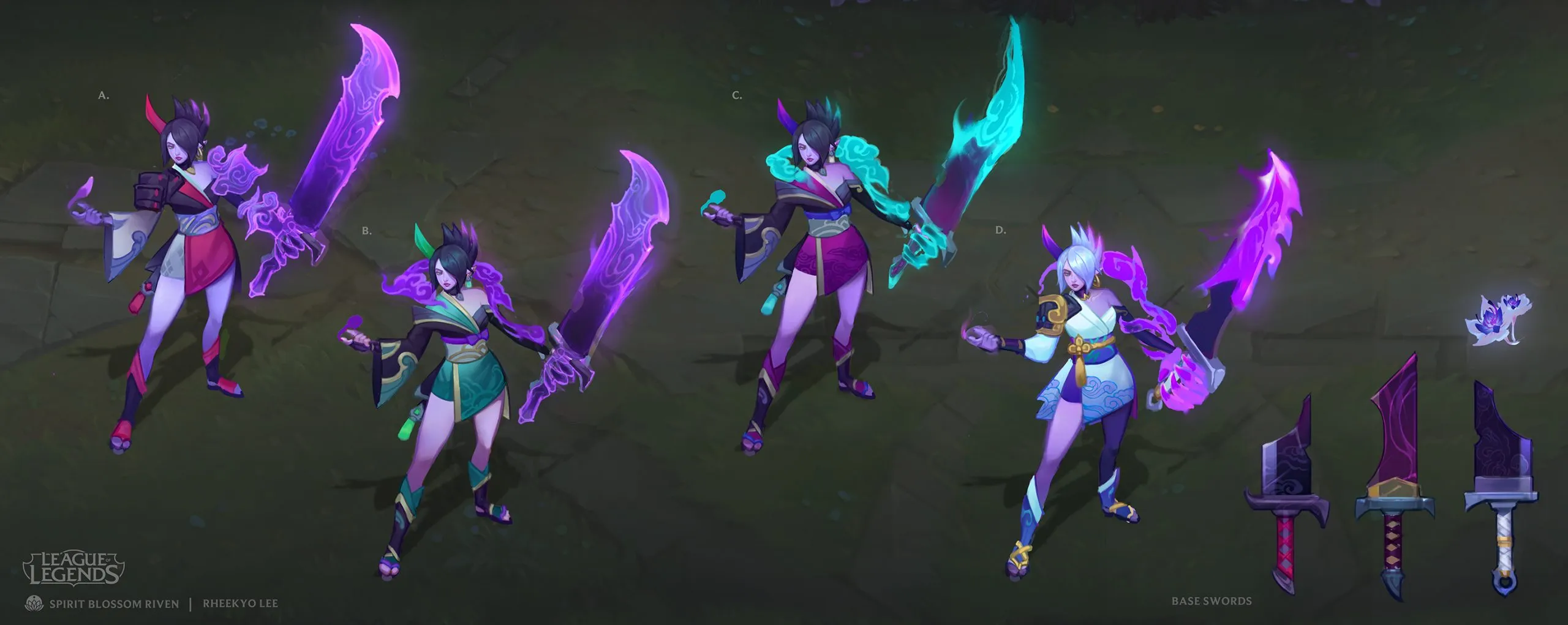 the image presents concept art for different color variations of the spirit blossom riven skin in league of legends.  four variations of the character are shown, each with a unique color scheme for their clothing and glowing, ornate katanas.  the color palettes range from deep purples and pinks (a) to a vibrant teal/aqua (c) and a lighter, more icy blue/white (d).  a version with a green/teal and purple scheme is also present (b).  the bottom of the image displays the base designs of the katanas used in the various skin variations, illustrating the process of designing the different color options for the weapon. the artist, rheeky lee, is credited at the bottom.