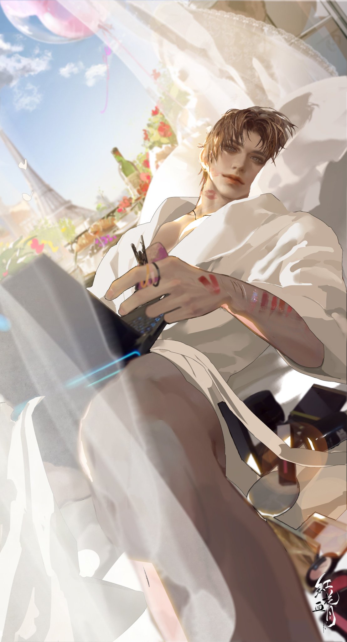 a handsome man with brown hair and red markings on his arms lies on a chaise lounge in a luxurious white robe. he gazes directly at the viewer with an alluring expression. the low camera angle emphasizes his relaxed posture.  the eiffel tower is visible in the background, suggesting a parisian setting. the scene is bathed in soft, natural light, creating a romantic and sensual atmosphere.