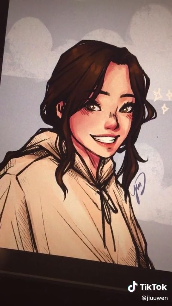 a digital illustration of an animestyle girl with brown hair and eyes. she is wearing a white hoodie and has a big smile on her face. the background is a soft blue with clouds. the image is framed by a black border. the word "tiktok" is written in the bottom right corner.