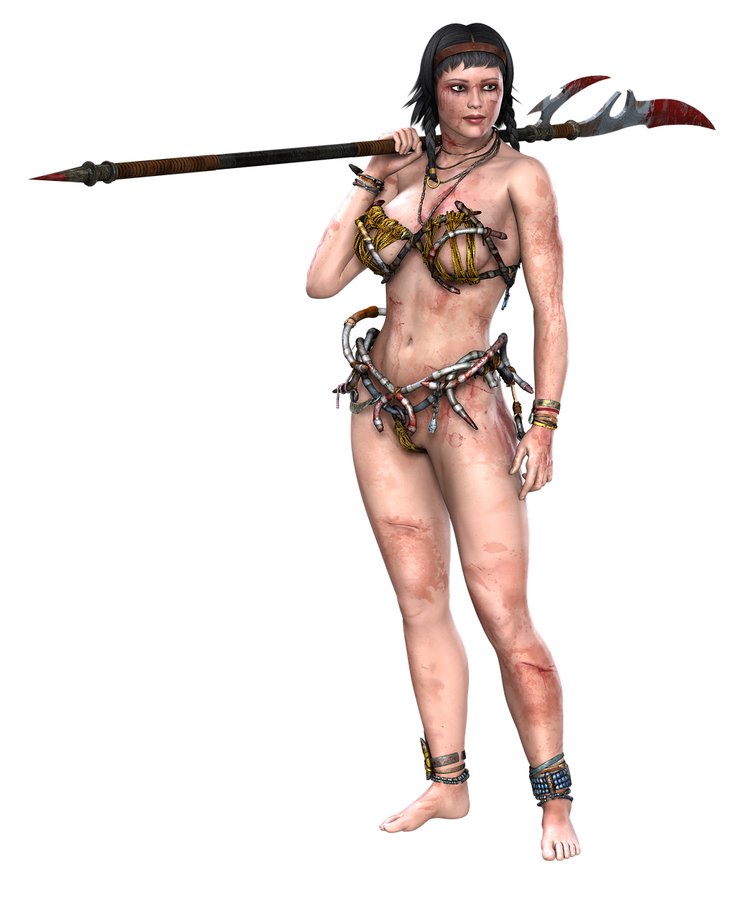 a female warrior with visible scars, wearing tribal armor, and holding a spear stands against a black background.