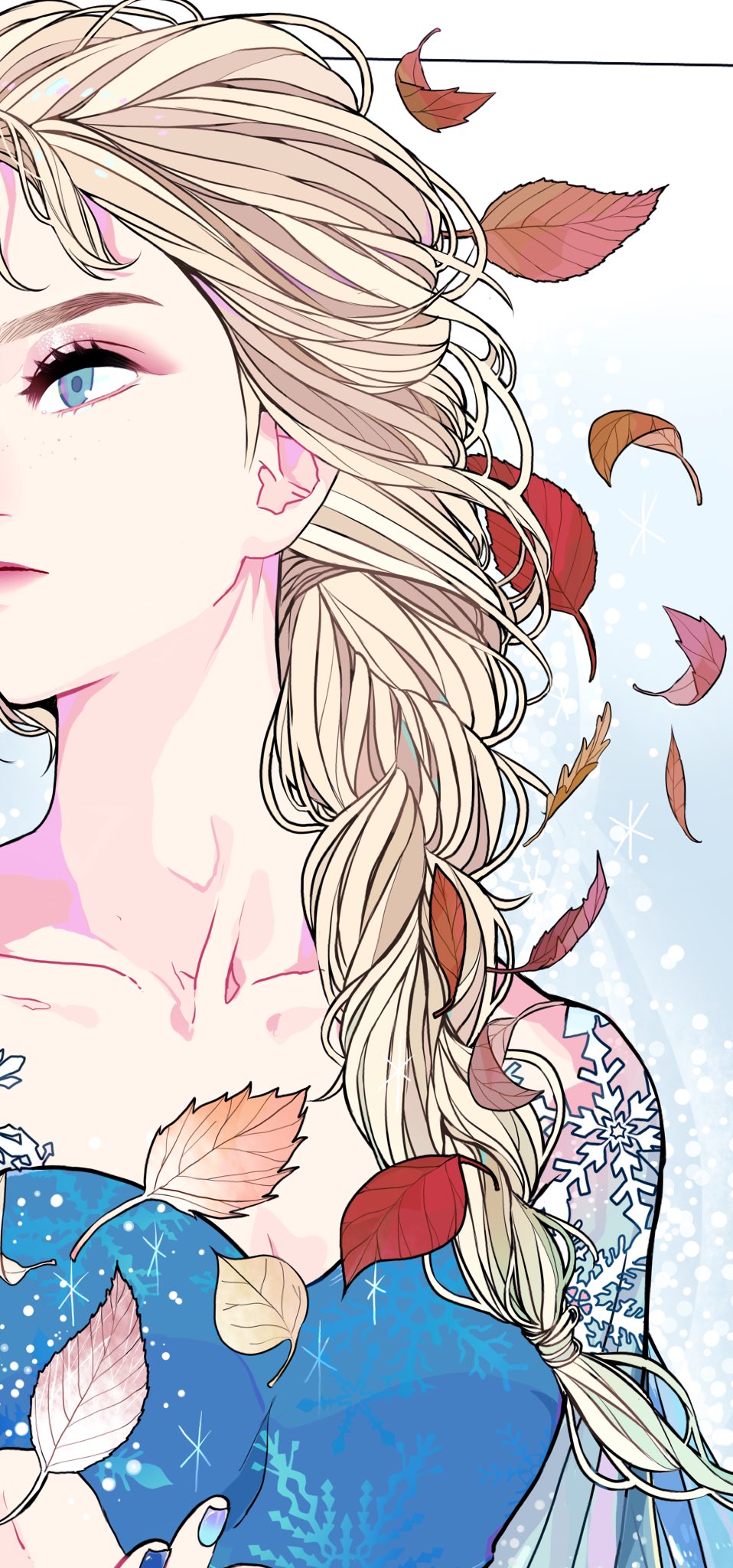 a digital art portrait of elsa from frozen, styled in an anime aesthetic, with blonde hair styled in a side braid adorned with falling leaves. she wears a blue dress with snowflake designs, and a tattoo with a snowflake pattern is visible on her shoulder. the artwork features a side view of elsa against a light blue background with subtle bokeh effects.