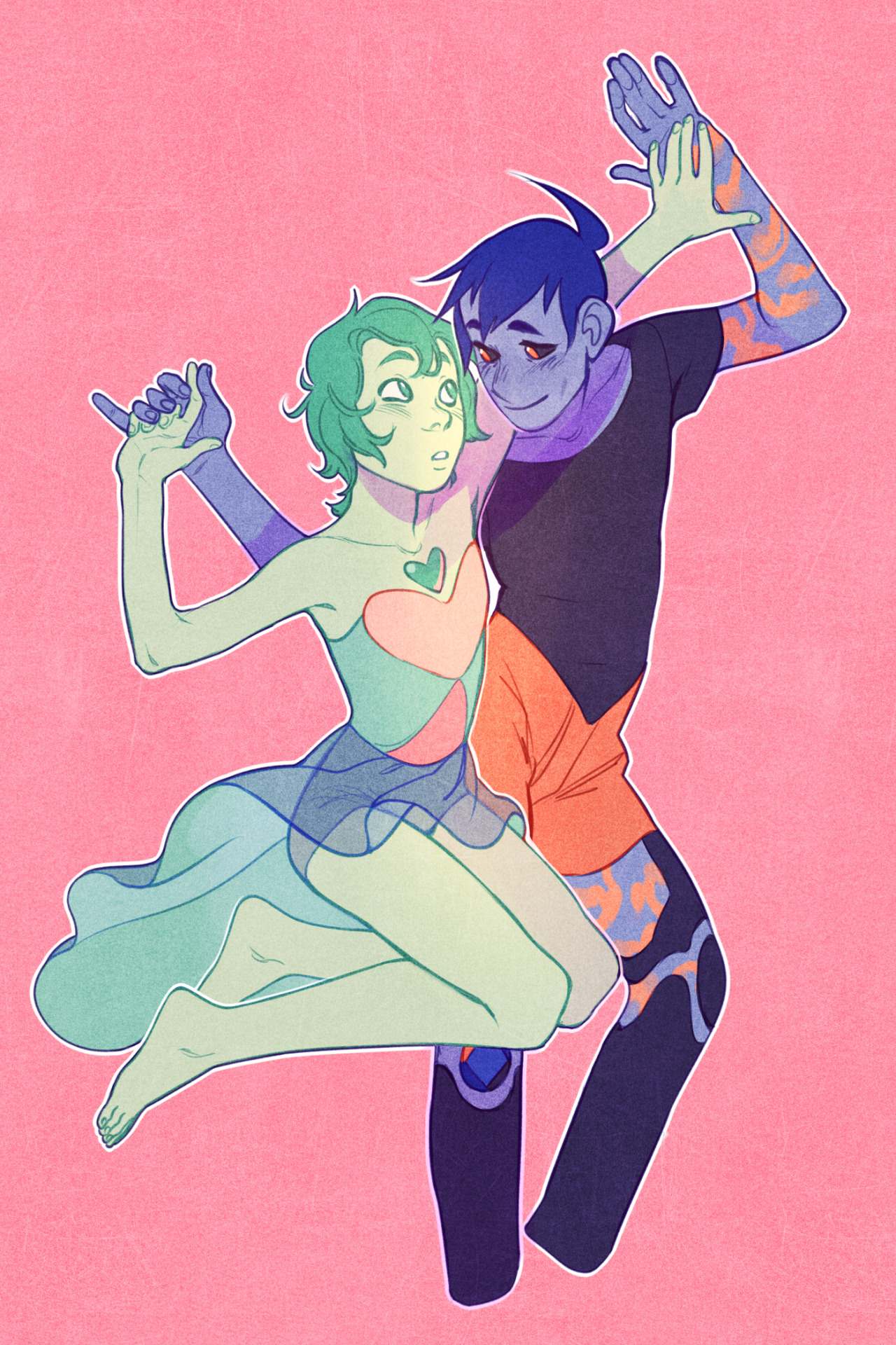 the illustration showcases a joyous couple dancing against a solid pink background. the woman, depicted with green skin and flowing green hair, wears a light, heartshaped dress that reveals her legs. her male partner, with dark hair and skin, sports an orange and black outfit that complements his robotic leg. they are caught middance, their limbs intertwined, smiles radiating happiness.  the overall ambiance is one of lightheartedness and love.