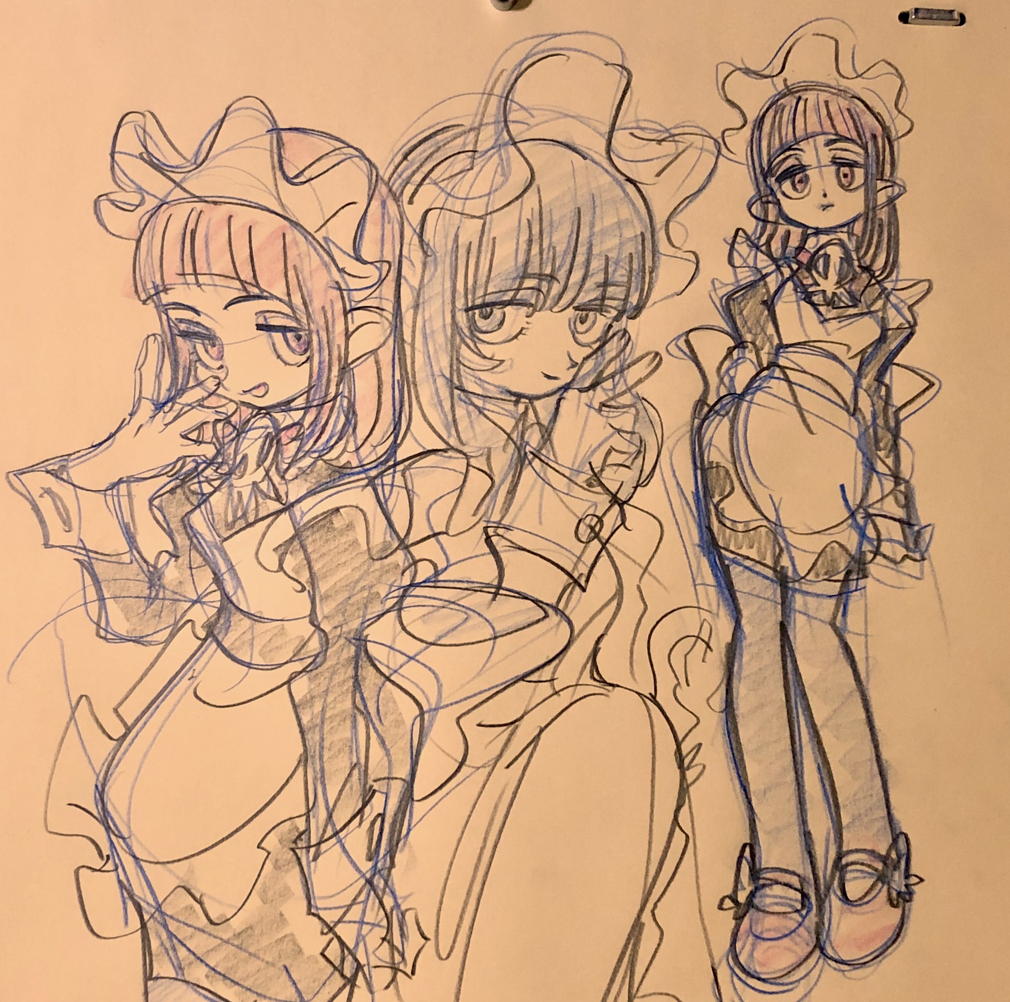 this is a sketch of three female anime characters wearing maid outfits.  the drawing is on tan paper. there are three figures.  one on the right is a completed full body. the other two figures overlap in the center and left of the page. the artist appears to be working out different poses for the character.  the line art is done in black and blue, with pink and purple used to color the hair of two of the characters.
