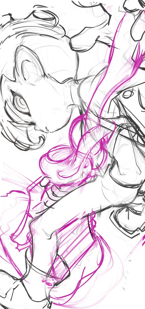 this is a dynamic and energetic sketch of an anime or mangastyle character in midaction. the character is likely female, and appears to be holding a weapon, possibly a scythe or a large sword, suggested by the curved shape highlighted in pink. the perspective is dramatic, with foreshortening used to emphasize the motion. the loose, sketchy style emphasizes the energy and movement of the pose.