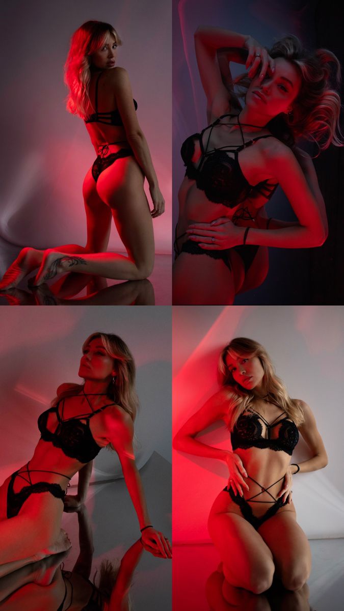 the image is a collage featuring four different photographs of the same young woman.  she is posing in various seductive poses while wearing black lace lingerie. the background of each photo is a simple neutral colour, with strong red lighting highlighting the woman and her figure. each photo shows a different angle and pose, emphasizing different aspects of her body and the lingerie. the overall mood is sensual and glamorous.
