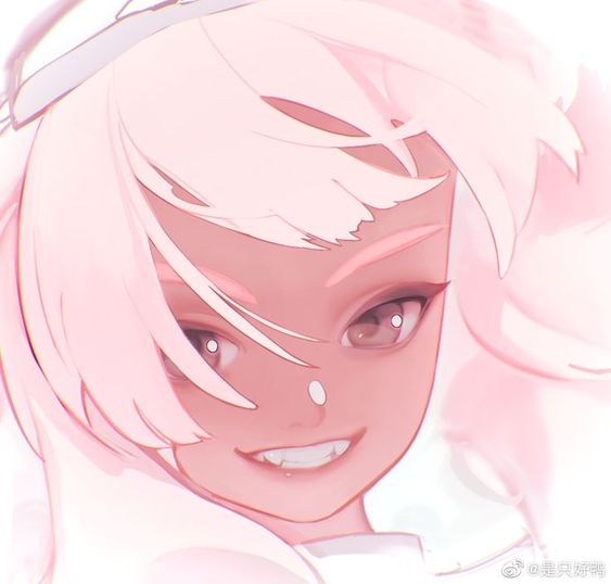 this is a closeup illustration of a girl with pink hair, rosy cheeks, and a mischievous grin, rendered in a soft, pastelheavy style.
