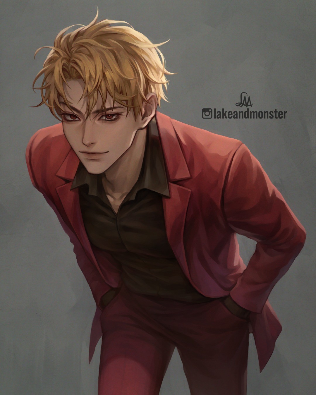 the image is a digital painting of a young man with blond hair, wearing a stylish red suit. he has a smirk on his face and is looking down. the style is animeinspired, and the artwork is highly detailed and polished. the background is a simple grey, allowing the character to be the focal point of the image. the artist's signature, "lakeandmonster," is visible in the upper right corner.