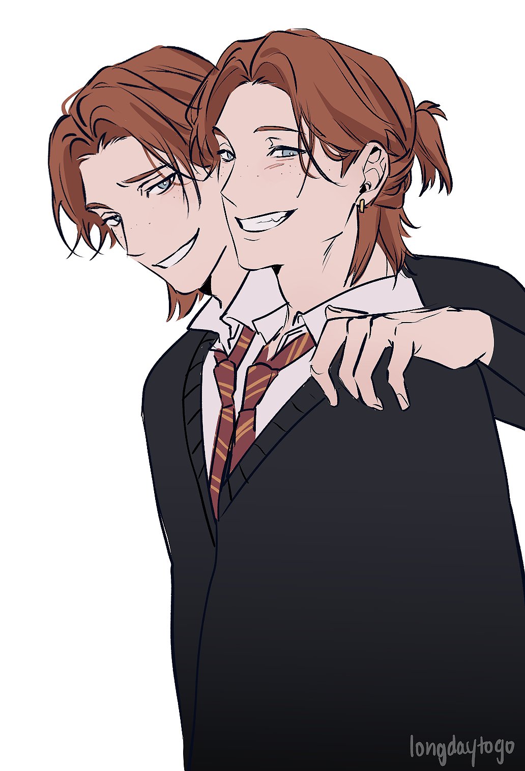 this is a digital drawing of two animestyle twin boys, possibly inspired by harry potter, dressed in gryffindor school uniforms. they are embracing each other, smiling happily, showcasing a close and affectionate bond. the artwork is done in a clean, simple style with muted colors. the artist's signature, "longdaytogo," is visible in the bottom right corner.