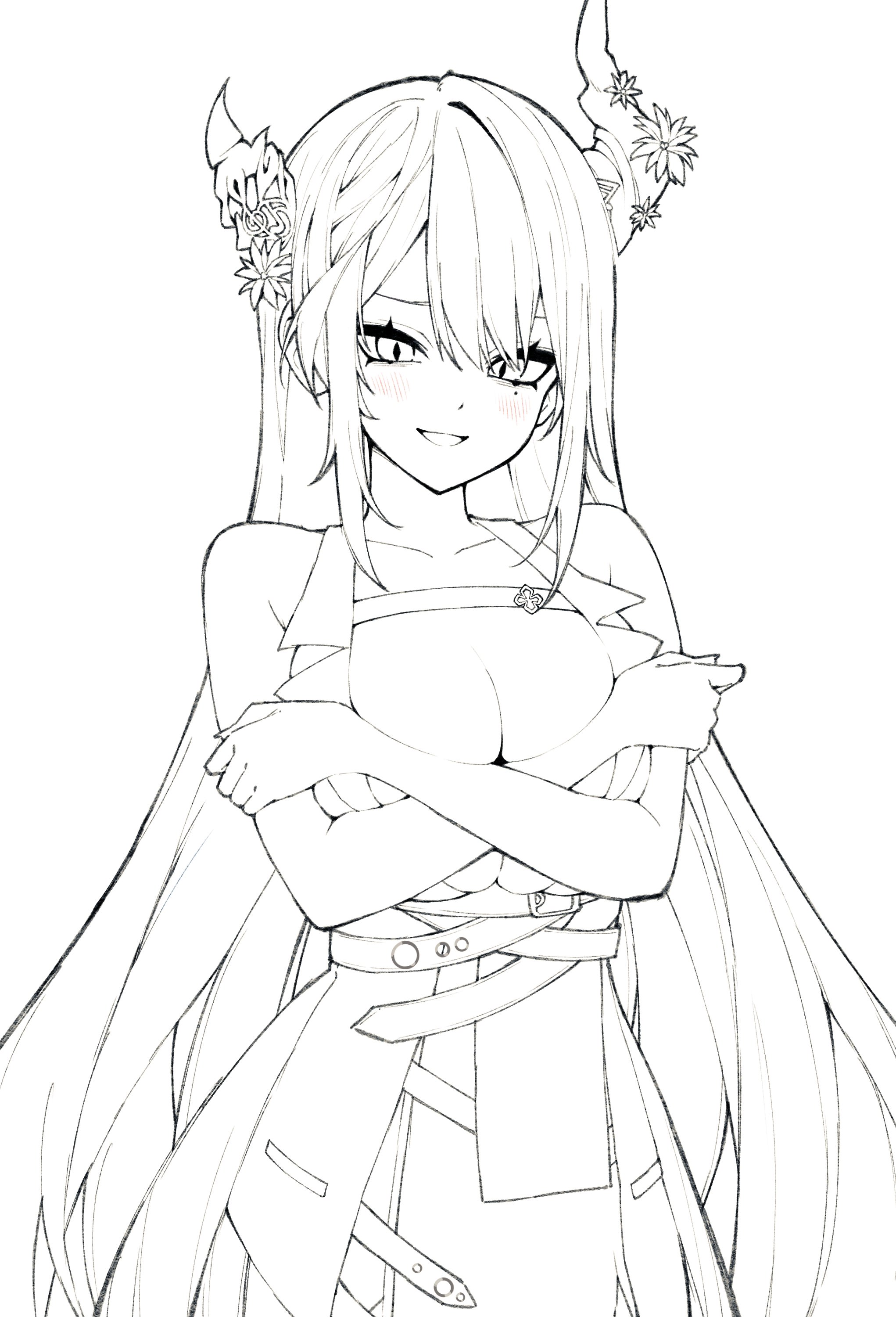a line drawing of a young animestyle woman with long hair and horns adorned with flowers. she is wearing a sleeveless dresslike outfit with straps and belts, and is posing with her arms crossed over her chest, slightly covering her bosom. her expression is a happy and confident smile, and she is blushing slightly. the style is reminiscent of manga or anime art. the drawing is in black and white, and the lines are clean and precise. the background is white.