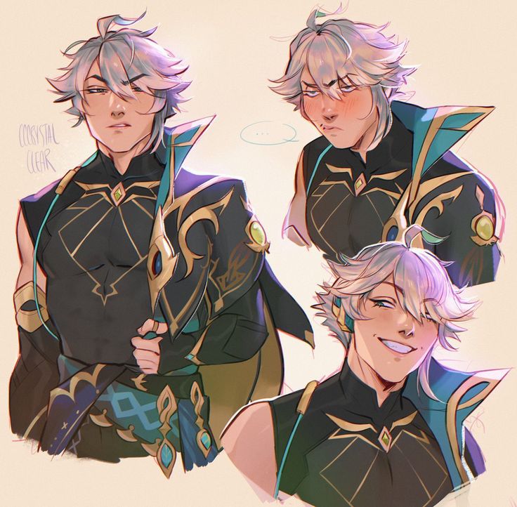 this is a colorful digital illustration of a male anime character from genshin impact. he has white hair, blue eyes, and is wearing black clothes with gold and green accents. he is shown in three different expressions, all happy and smiling. the art style is very expressive, with bright colors and fluid lines. the character appears to be the genshin impact character albedo.