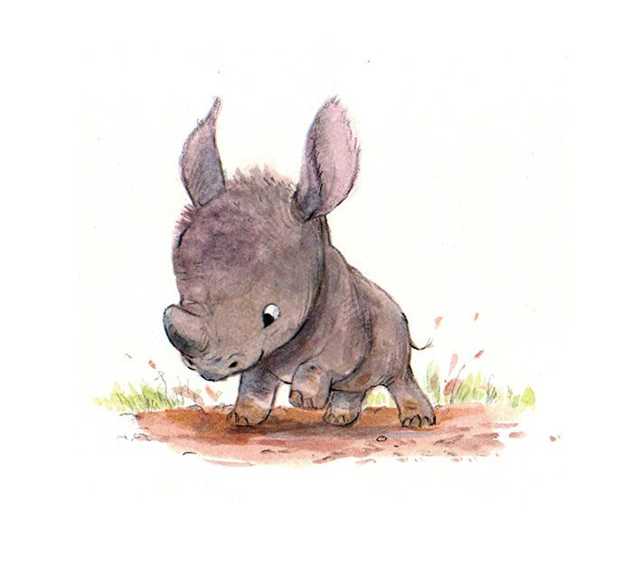 the image is a watercolor painting of a cartoon baby rhino. the rhino has large ears, a small horn, and is standing on a dirt patch surrounded by some sparse grass. the style is cute and whimsical, typical of children's illustrations.