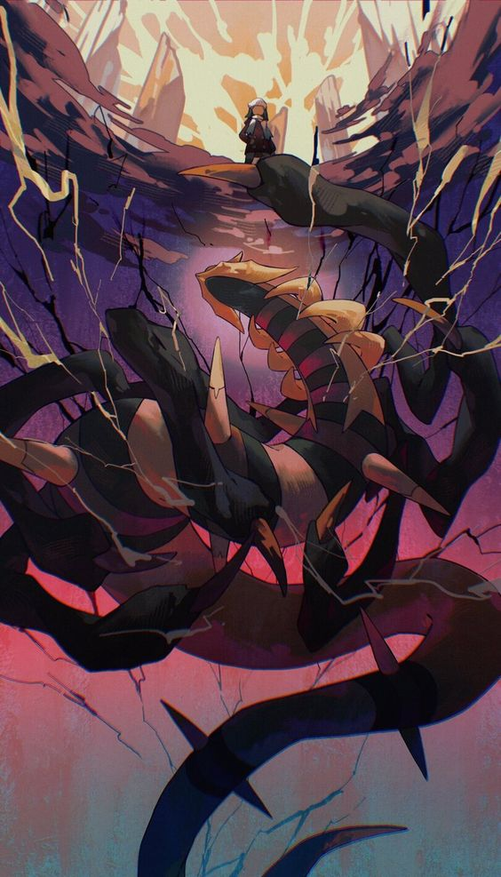 the image shows a fierce battle between a human character and a giant multiheaded serpentlike monster. the battle takes place in a deep cavern with jagged rocks and fissures. the human character stands on a ledge above the monster, while the monster rears its heads menacingly, radiating an otherworldly glow and emitting electric arcs. the scene is lit by a warm, magical light emanating from the top of the cavern, possibly from the sunrise or sunset. the perspective gives the viewer a thrilling, bird'seye view of the intense confrontation.